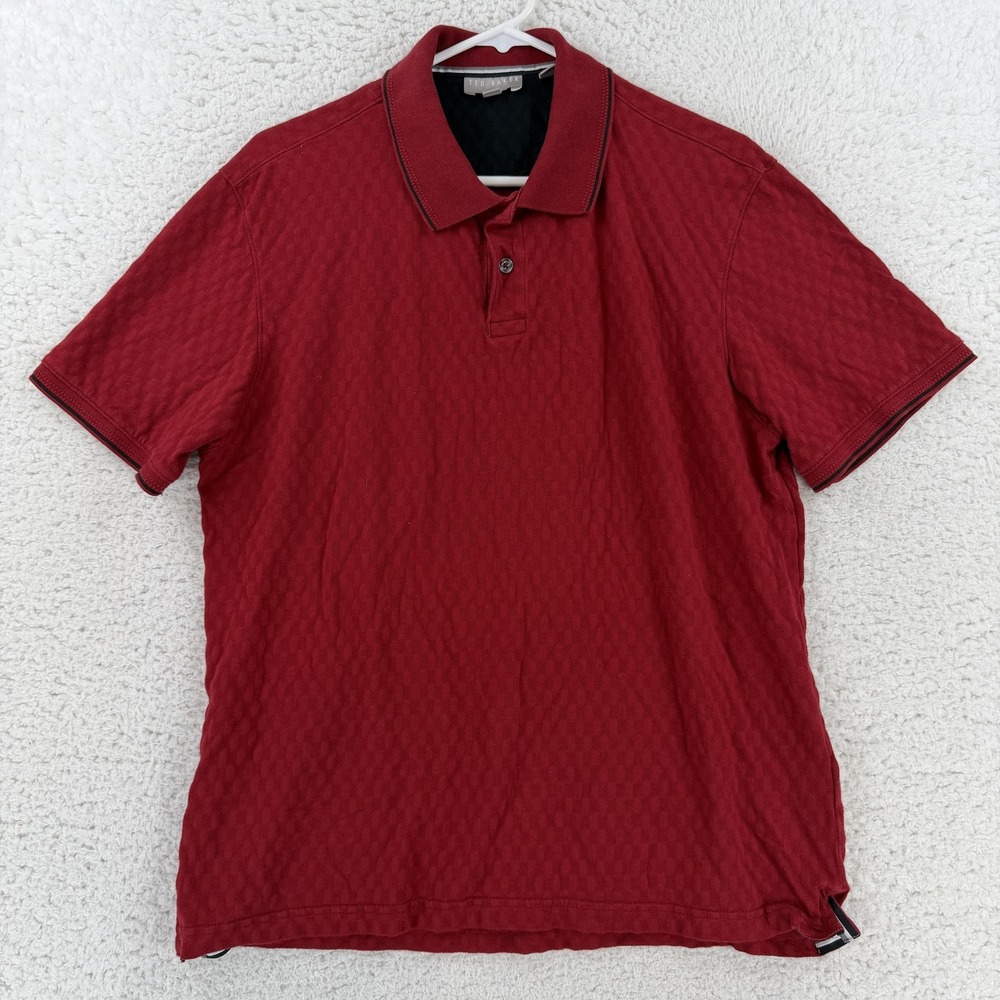 Ted Baker Polo Shirt Mens Large Red Textured Jacquard Cotton Knit Top 1864954